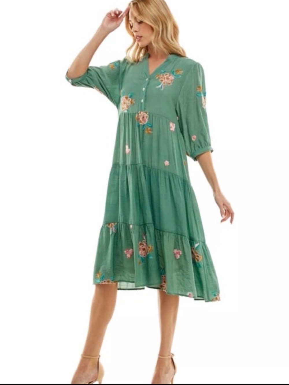 Floral Embroidered Green Tiered Midi Dress